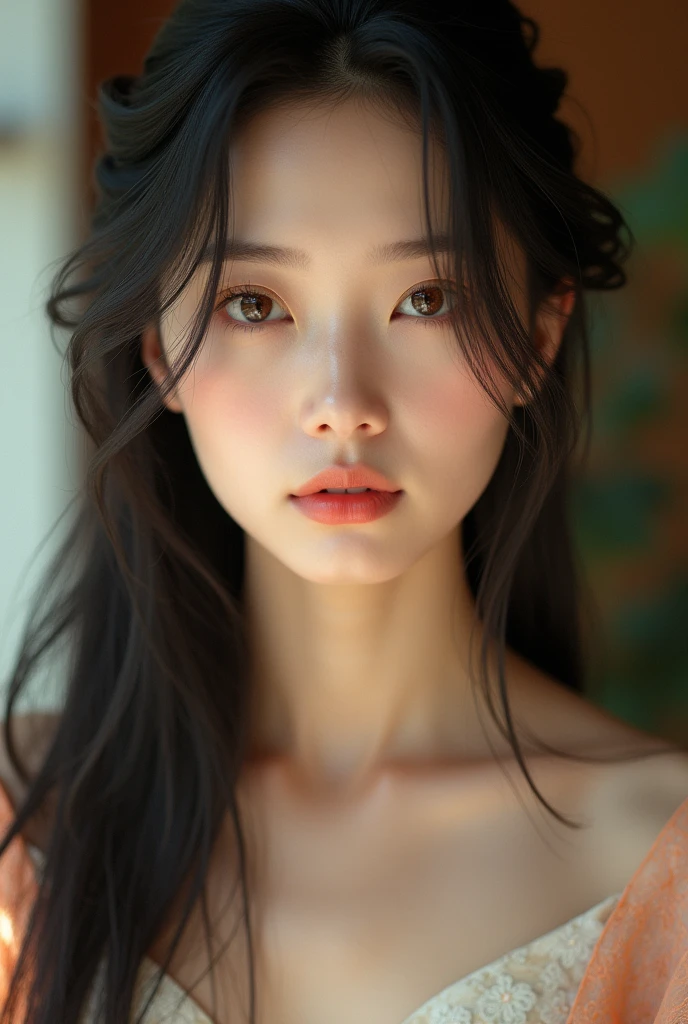 An elegantly dressed Japanese woman in natural light、A frontal shot from the waist up capturing her chest and serene expression.、It shows her inner peace and outer charm.。
A beautiful, goddess-like face is a sign of wisdom、Closeness、Have、It has a very high appeal。Long straight hair with black hair。