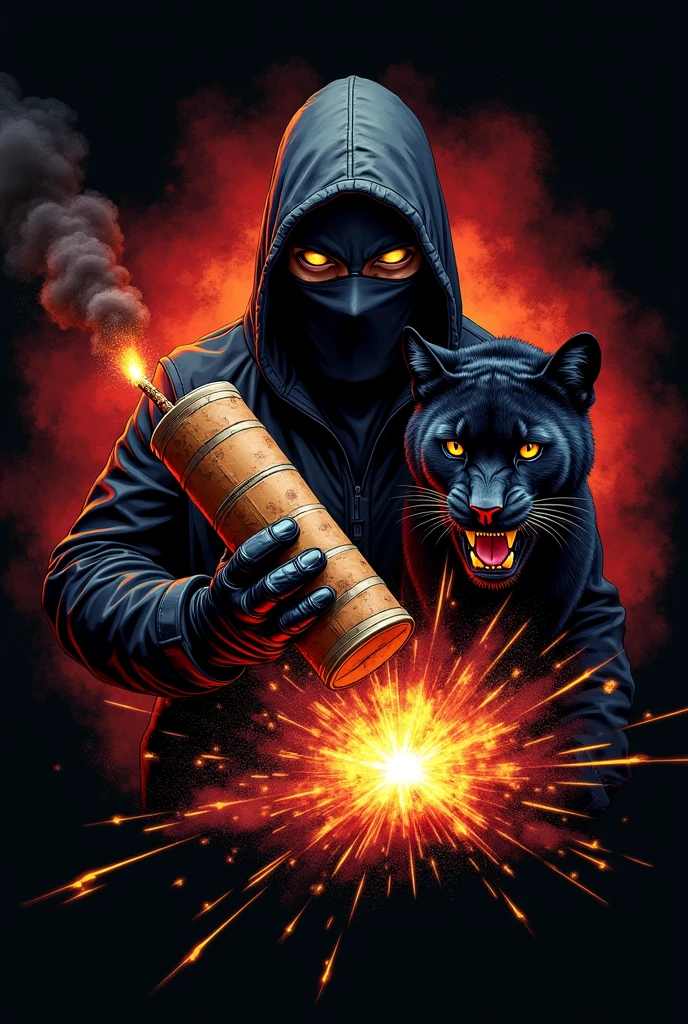 create a logo for dynamite it want to be realistic and it is blasting with a masked man holding a dynamite in his hand with a black panter and blast and dynamite want to be real