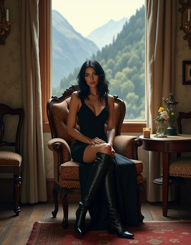  In a sleek, fitted black dress that reaches just above her knees, paired with knee-high black leather boots, she sits confidently on a vintage farmhouse chair with carved details. Her black hair is styled in soft, glamorous curls. The farmhouse's interior is tastefully decorated with rich fabrics and antique furnishings. Through the window, the soft drizzle adds a dramatic touch to the expansive mountain views, highlighting the contrast between her high-fashion look and the rugged natural setting.
