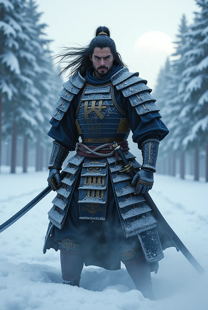 「Under the cold winter sky of January、As the strong wind rages、Snowflakes flutter。Standing on the silvery white land、A samurai with an overwhelming presence。His armor is covered with frost、Shining as if reflecting the moonlight。Long hair dancing in the wind、Staring ahead with sharp eyes。Behind it are rows of snow-covered pine trees.、It further accentuates his strength and aura of solitude.。His sword was slightly removed from its sheath、The blade is as cold and sharp as ice。In a powerful pose、It depicts them preparing for battle.。There's a general feeling of cold and silence.、Emphasizing the traditional Japanese atmosphere、The dignified and powerful figure of a samurai。」