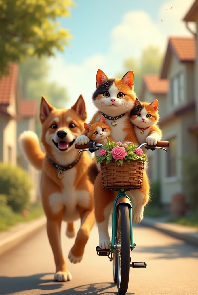 Cat with sitting on bike with father dog