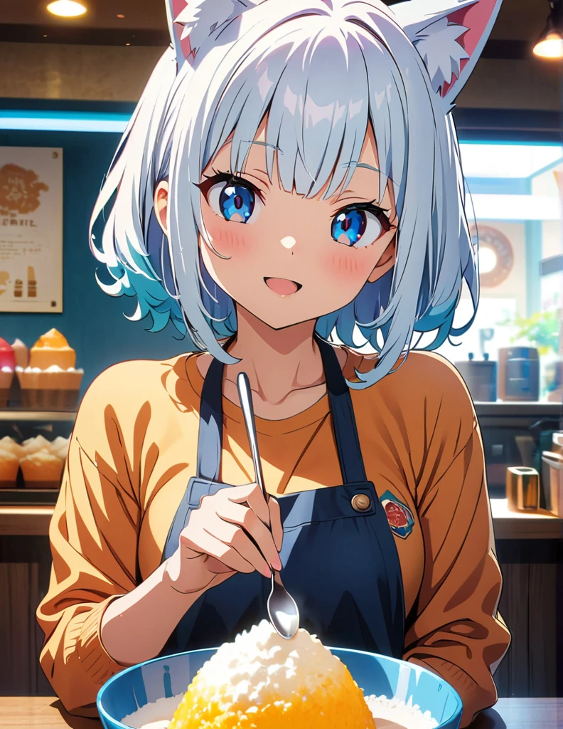 (anime artwork, anime style, studio anime, very detailed, up to date, vibrant, Anime Coloring, high contrast, masterpiece:1.2, best quality, best aesthetics),1girl,cat ear,light Blue shaggy hair, Best quality,light smile,{{incoming_shaved ice}}, {{feeding}}, holding_spoon, foreshortening,{{blurry_foreground}}, blush, open mouth, head_tilt, perfect anatomy,cafe,