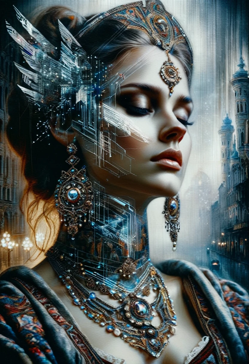 4D double exposure: Portrait of ((Slavic goddess with double exposure of futuristic city streets in her head)), In the background the city in Renaissance costume, Oil painting, 3/4 Profile view, beautiful necklace, luxurious fabrics, detailed embroidery, Atmospheric light-dark lighting, High resolution