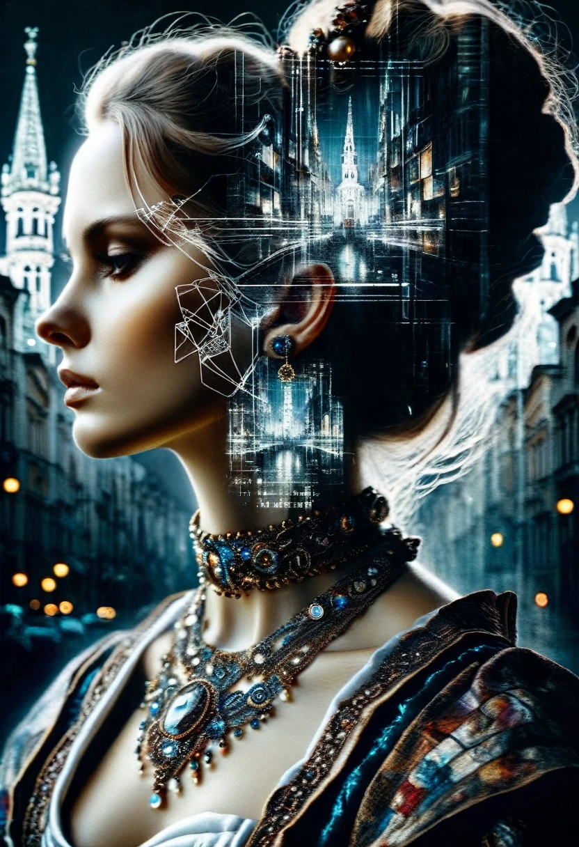 4D double exposure: Portrait of ((Slavic goddess with double exposure of futuristic city streets in her head)), In the background the city in Renaissance costume, Oil painting, 3/4 Profile view, beautiful necklace, luxurious fabrics, detailed embroidery, Atmospheric light-dark lighting, High resolution