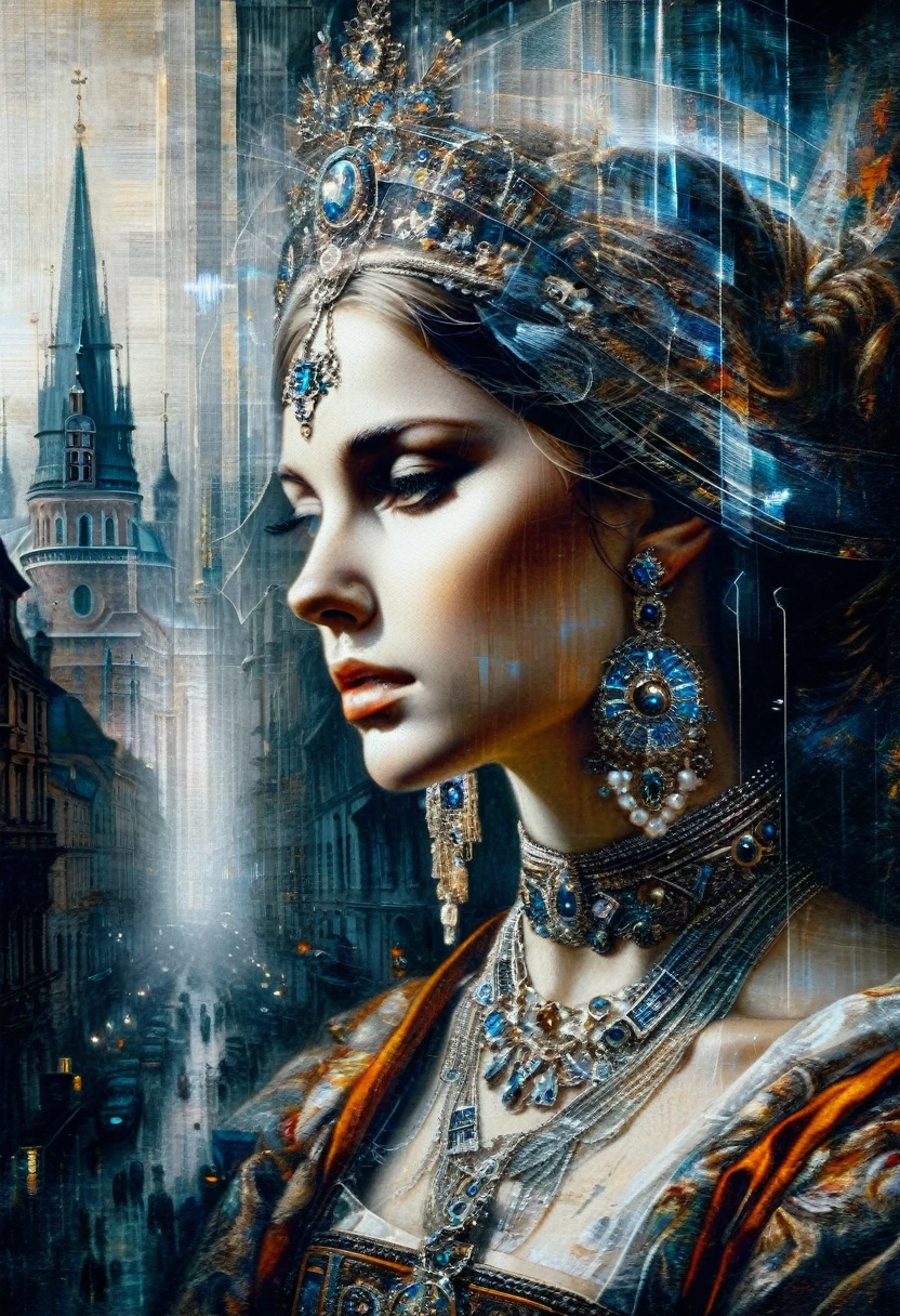 4D double exposure: Portrait of ((Slavic goddess with double exposure of futuristic city streets in her head)), In the background the city in Renaissance costume, Oil painting, 3/4 Profile view, beautiful necklace, luxurious fabrics, detailed embroidery, Atmospheric light-dark lighting, High resolution