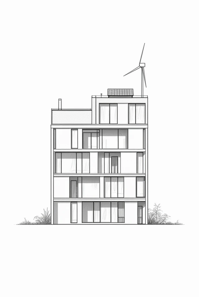 sketch a simple design of apartment house with many doors and with solar panel and windmill black and white lines
