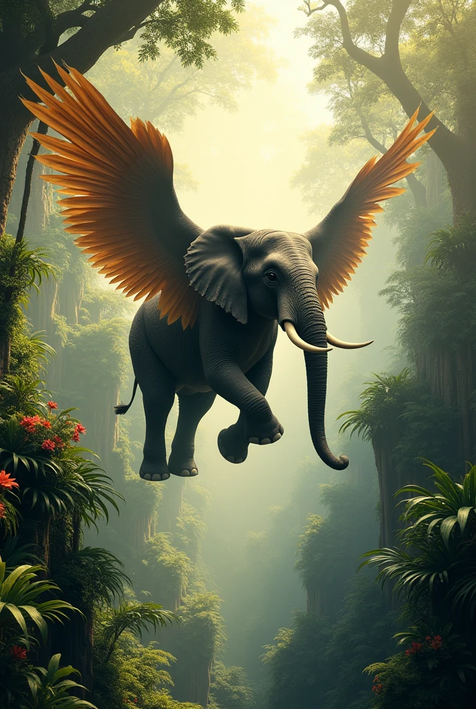 Elephant with wings in jungle 
