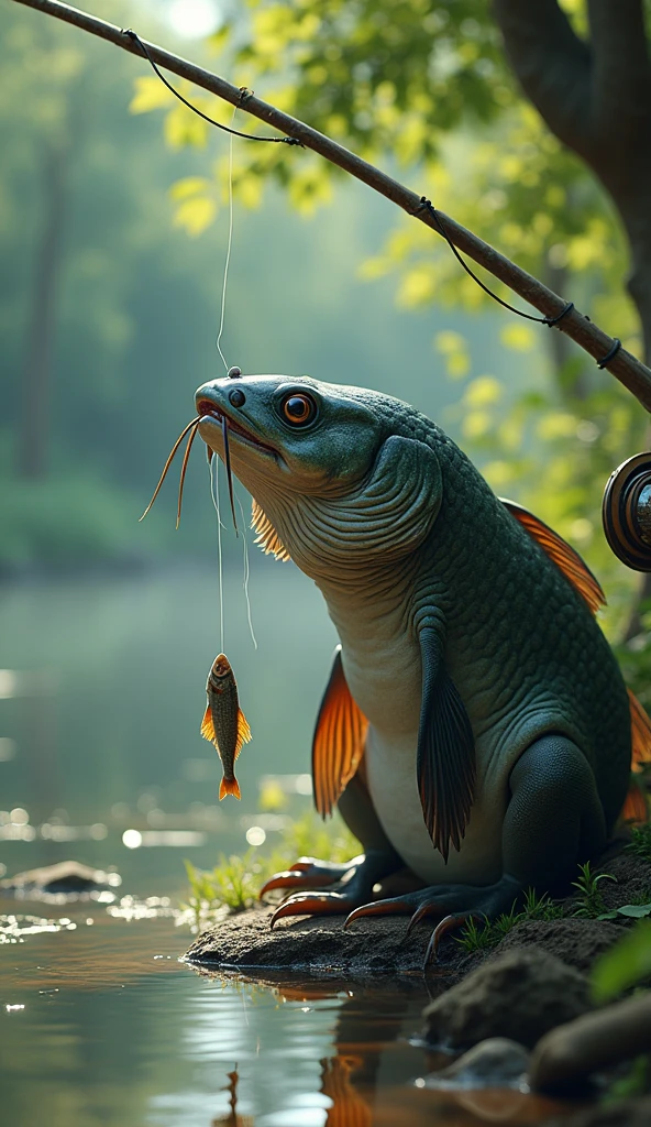 Sitting catfish by the pond, a fish catches people on a rod. Realistický pohled.