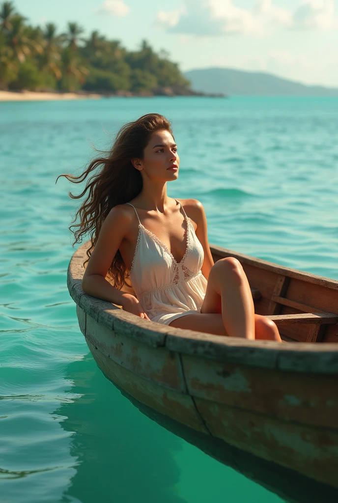 Girl age 25, Brown wavy hair, Brown eyes, sitting in a little ship in Cuba in the water
