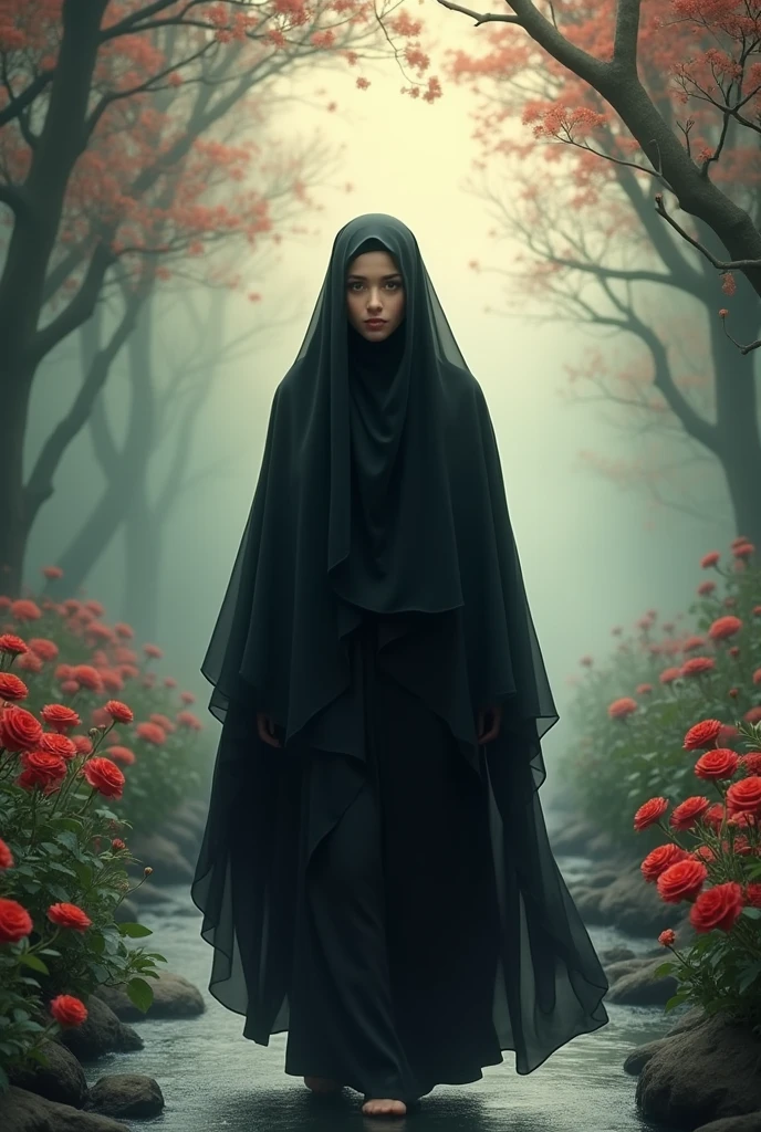  girl walking  chadar, black hijab, veil, , , abaya hairs hide , face hide , full body cover with black aba, wallpaper , red rose , back groud , heaven look