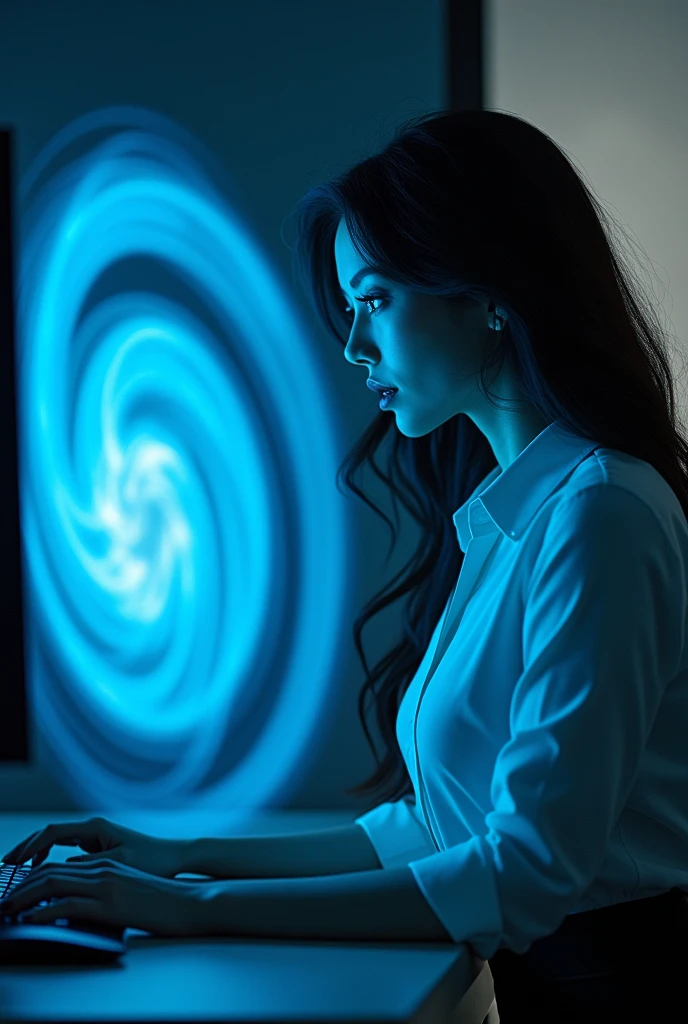 A sexy beautiful girls, white shirt, pencil skirt, work in office and look the screen of computers and her computer screen displayed a hypnotic glowing blue spiral and the woman's eyes appeared blue spirals as she looked at her computer screen and her became very hypnotized while looking at his computer screen and her was deeply hypnotized and his eyes turned into blue spirals then his face got closer to the screen then his face got closer to his screen with his eyes becoming blue spirals then he was very fascinated by the screen then he was so fascinated by the screen that he kissed the computer screen with his eyes turning into blue spirals