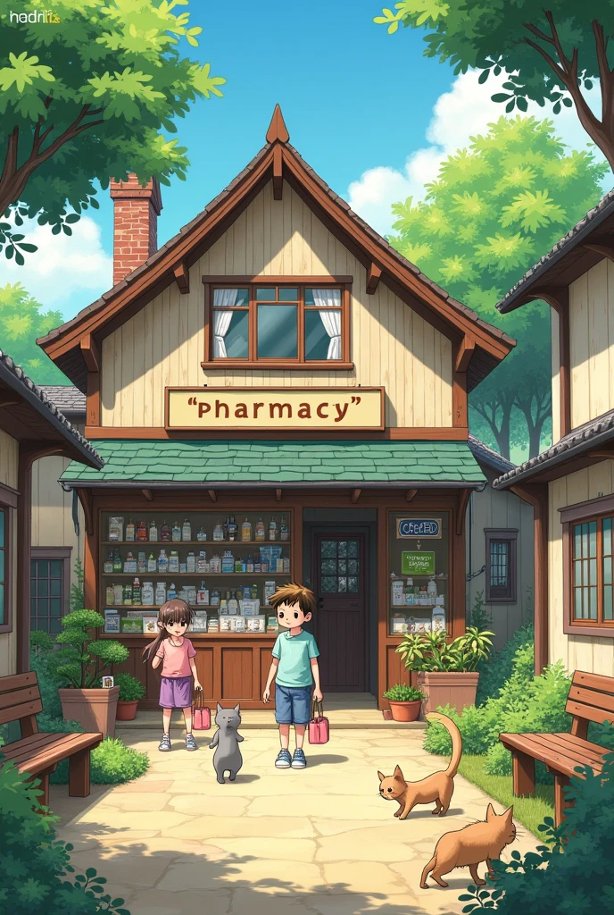 ghibli pharmacy with a pharmacy sign in english in a rural area peaceful vibes with people chilling and many cats outside  
with children playing a customers buying happy people with children