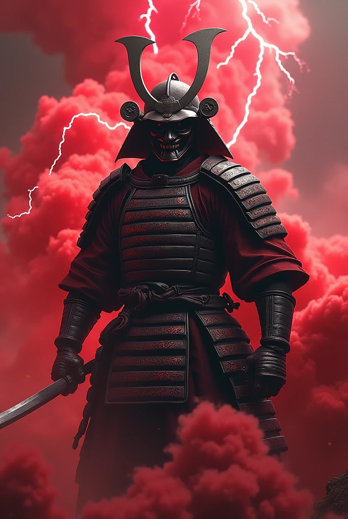 samurai wear oni face mask, red smoke background,ultra res,8k resolution,lightning,ghost of tsushima
