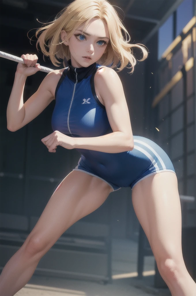 (full body),ppgzbb, blue eyes, Blonde, Twin Drill, Hair Clip, Earrings, Best, Blue leotard, sticks to the skin,boots, upright,Place hands on hips,