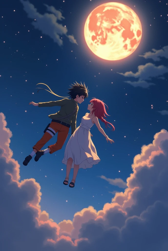 Natuto and hinata and flying sky night moon so close