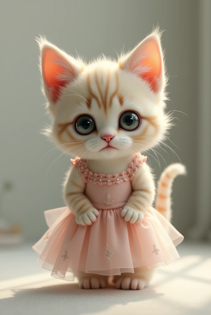 the small cat in dress eyes full of water.