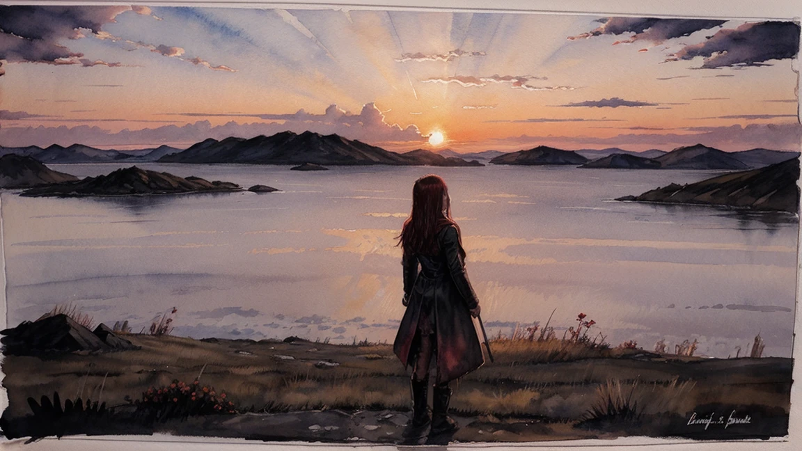 last dawn of vampire girl. post-apocalyptic sunset at the edge of the world of a new dawn watercolor drawing