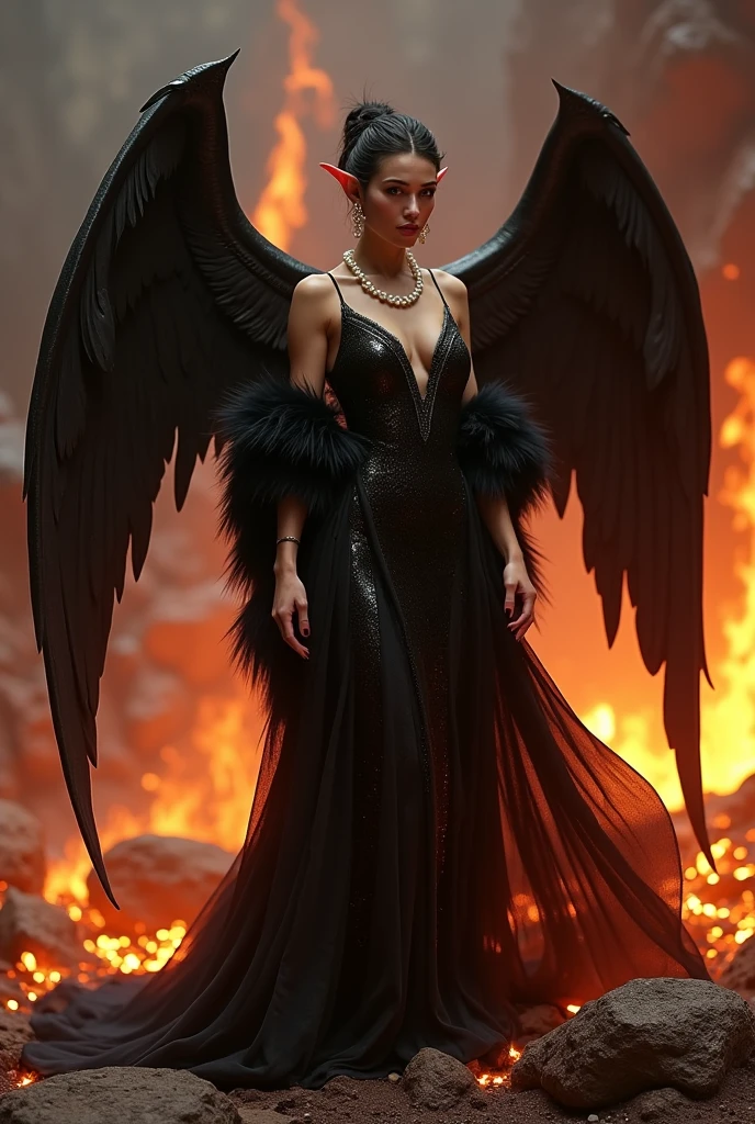 Long dress with pearl necklace and fur in 20s style , elf ears, cleavage, thigh, sexy, wide black wings, hell, lava setting, fire