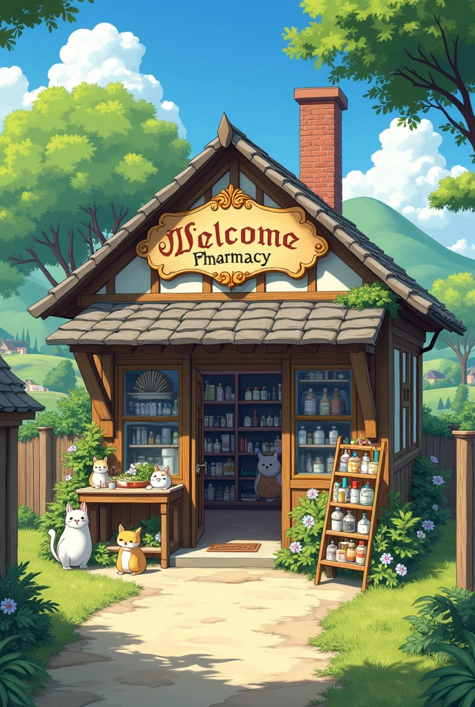 ghibli pharmacy with a pharmacy sign in english in a rural area peaceful vibes with people chilling and many cats outside
with children playing a customers buying