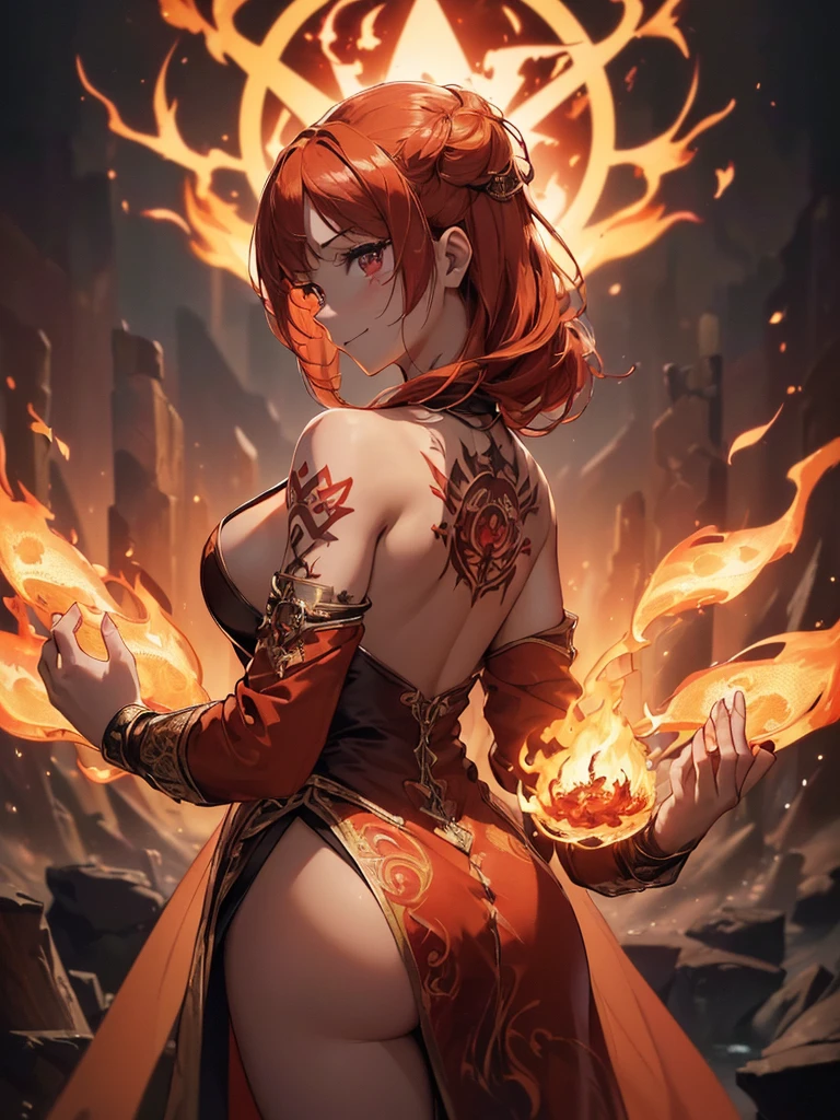 (((best quality, sharp image, clear image, cinematic lighting, 8k resolution, masterpiece, ultra detailed, intricate))) Girl, ((shot from behind)), ((close up)), look at viewer, fire mage, ((intricate background)), ((chaotic background)), red hair, smiling, ((flame runes, flame sigils)), (tatoo on back), slim figure, flying sigils, long dress, cute