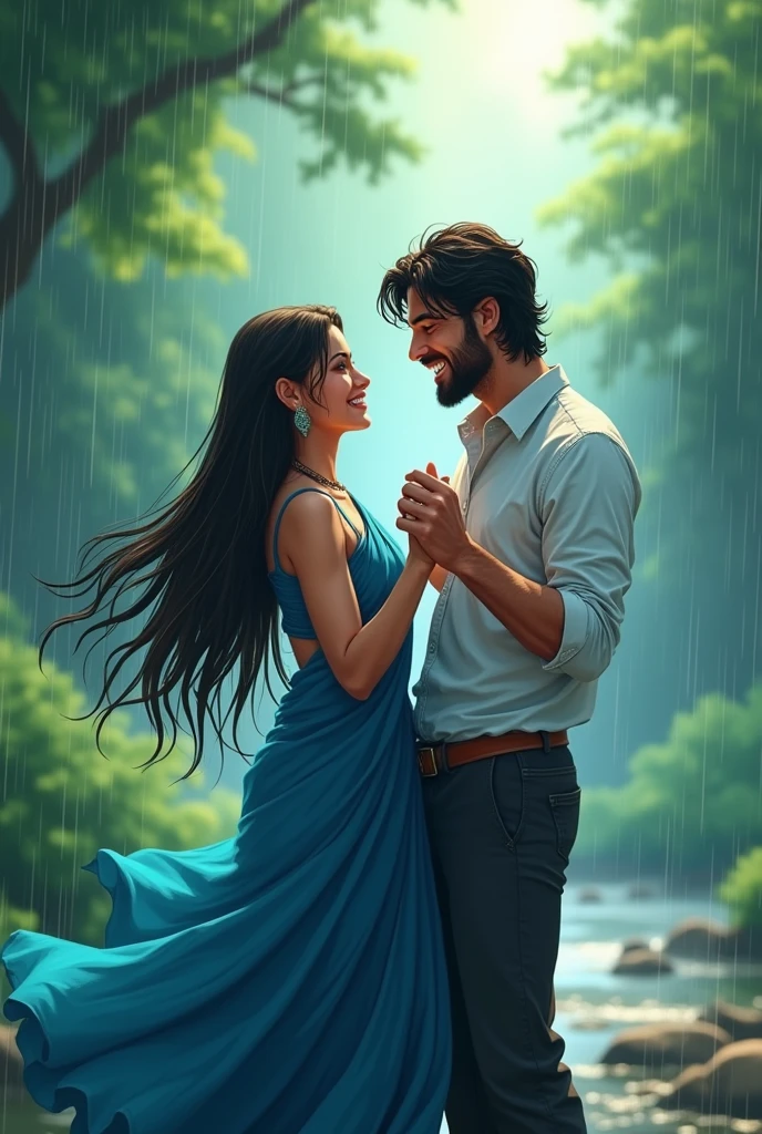 CREATE A ANIME STYLE LANDSCAPE IMAGE. Anime, Romantic, anime style featuring a anime couple dancing in the rain. The layout is centered, with the couple as the focal point. The man has a beard and wet, shoulder-length hair, wearing a white, soaked shirt and dark pants. The woman has long, wet hair and is dressed in a flowing, blue sari that billows with the movement. Both have light to medium skin tones and are smiling joyfully at each other. The background is blurred, with lush greenery and heavy rain creating a dreamy, intimate atmosphere. The overall mood is passionate and celebratory, capturing a moment of pure joy and connection.