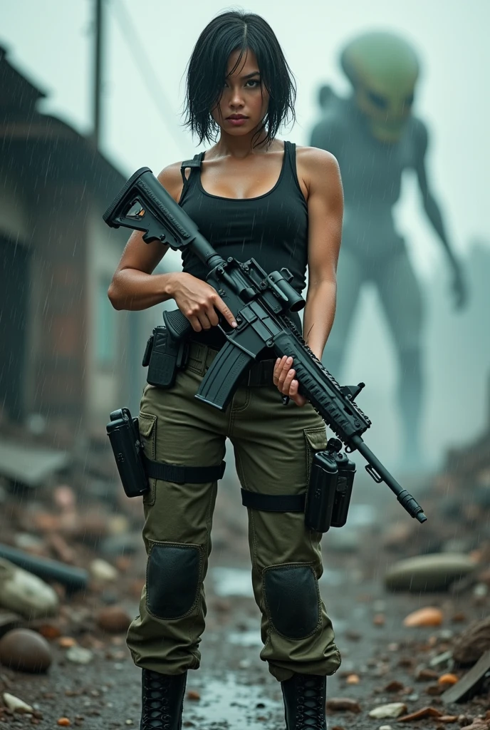 A beautiful women (dian sastrowardoyo), huge beasted, droopies breasts, wet tied bobcut hair, wear wet tanktop, wear tactical camouflage pant, tactical boots, holding a m16 gun, serious face expression, in the chaotic battlefield under the rain, war with alien, realistic photography, natural light,