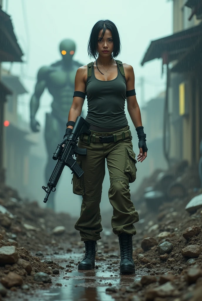 A beautiful women (dian sastrowardoyo), huge beasted, droopies breasts, wet tied bobcut hair, wear wet tanktop, wear tactical camouflage pant, tactical boots, holding a m16 gun, serious face expression, in the chaotic battlefield under the rain, war with alien,  realistic photography, natural light, 