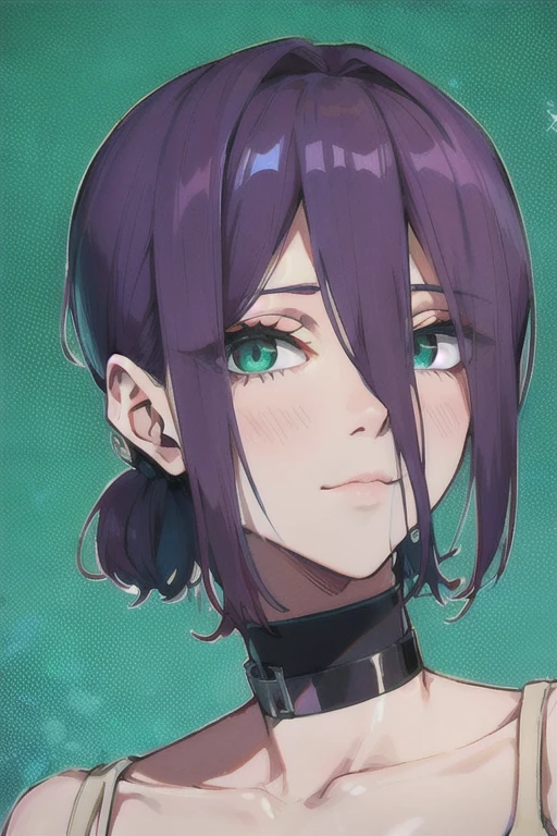 (Highest quality)、(Highest quality)、cut、Chainsaw Man、cute、(choker).eyes are emerald、Her hair is purple、Short Bob、