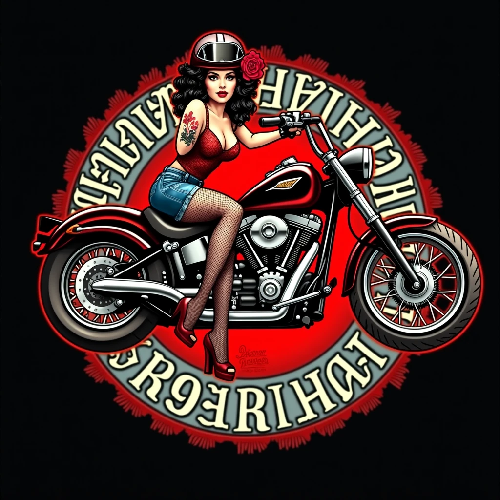 Pin-up girl in a motorcycle helmet on an old school motorcycle, in red shoes, in fishnet stockings, in a red, sleeveless, checked shirt with an open bust, in denim short shorts, red rose in hair. In the style of old school tattoo. Eldstudio89 in the circle of words: ROCK HARD RIDE FREE