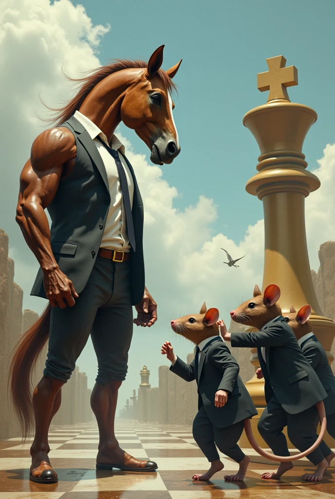 A horse-headed man battles officials depicted as mice in ties pushing giant chess pieces.
