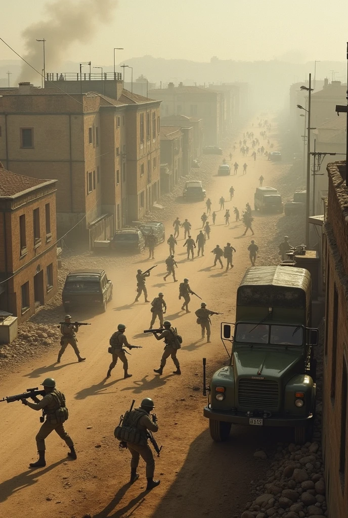 Create me an image of army currently on chaotic battle in the city of Lyon France (semi-open field) in 1970 with dusty road