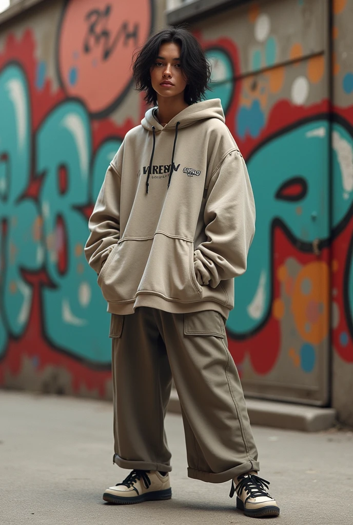 Draw a picture of BINI Aiah wearing baggy clothes, posing for photoshoot, graffiti background