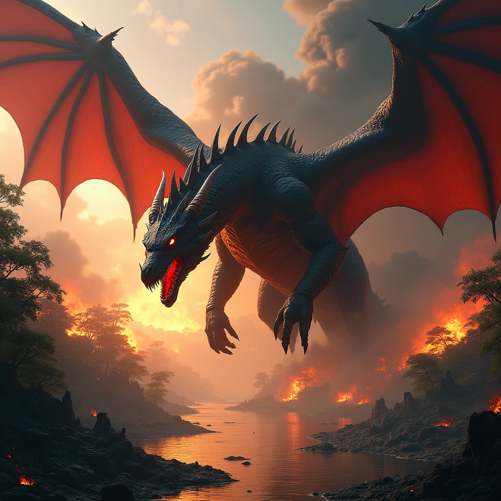 Make a colossal black dragon catch fire and burn a fleet of ships