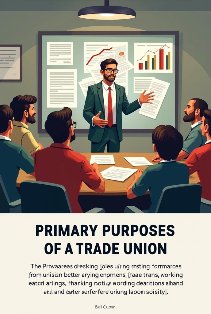 in SpanishVignette 2: Purposes of a Trade Union

(scene: A group of workers, Now at a union meeting. A character is in front with graphs and documents.)

character 2: “Trade unions seek to improve working conditions, Negotiate wages and defend workers&#39; rights.” Text at the bottom: “The main purposes of a union include: better salaries, working conditions and labour rights.”