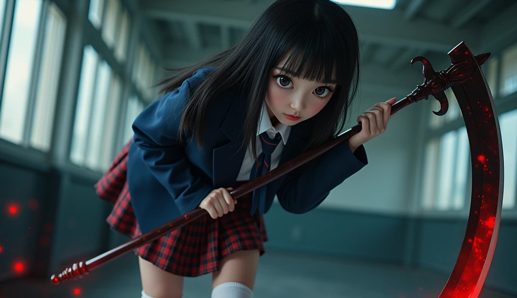 Ultra-realistic, Wide Shot, 1. woman, Japanese Teen, Twin tails, big, A sharp gaze shines, Long eyelashes,Imabari Higashi High School blazer uniform,Light blue ribbon, Checked mini skirt, White calf socks and white sneakers, Wearing black Puma underwear, legs spread in M-shape, Chiaki Kuriyama, Gogo Yubari, Kill Bill, indoor, Bokeh effect, Written boundary depth, Ultra-realistic, Professional photography, Cinema Lighting