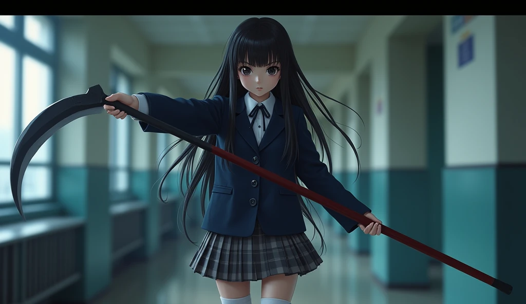 Real, Wide Shot, 1. Female, Japanese Teen, Straight Long Hair, Big, sharp eyes shining brightly, Long eyelashes, A navy blue blazer with a red ribbon tie over a white dress shirt, Checked mini skirt, Tokyo Metropolitan High School Uniforms、white calf,Navy blue socks,Socks and white sneakers, A large scythe is the weapon of choice、He has a big scythe like the Grim Reaper, Horikita Maki, Gogo Yubari, Kill Bill, indoor, Bokeh effect, Depth of written boundary, 超Real, Professional photography, Cinema Lighting,Round eyes,Fair skin,I'm attacking,Murderous Intent,Murderous intent