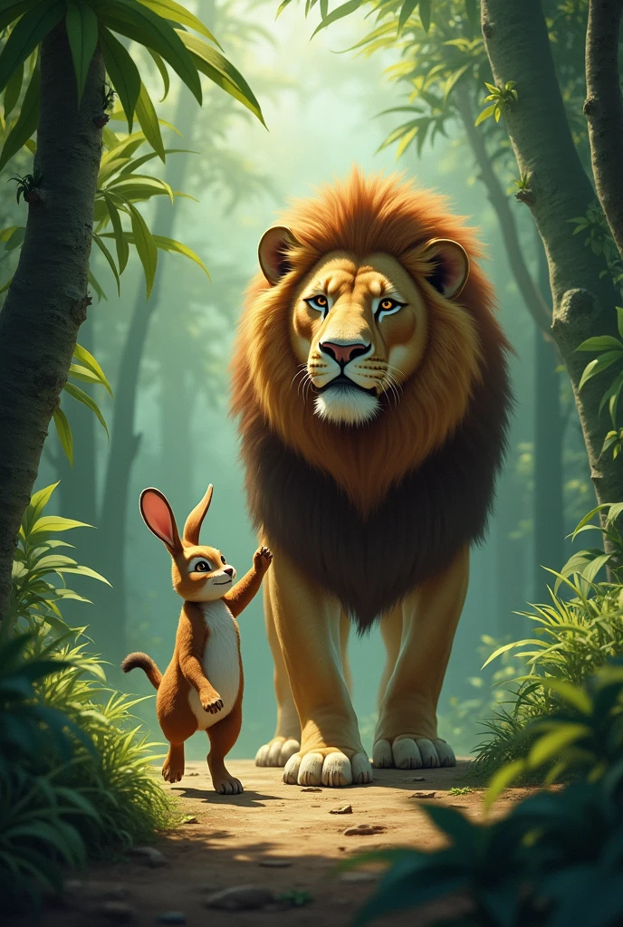 The clever rabbit leading the lion through the jungle towards the deep well.