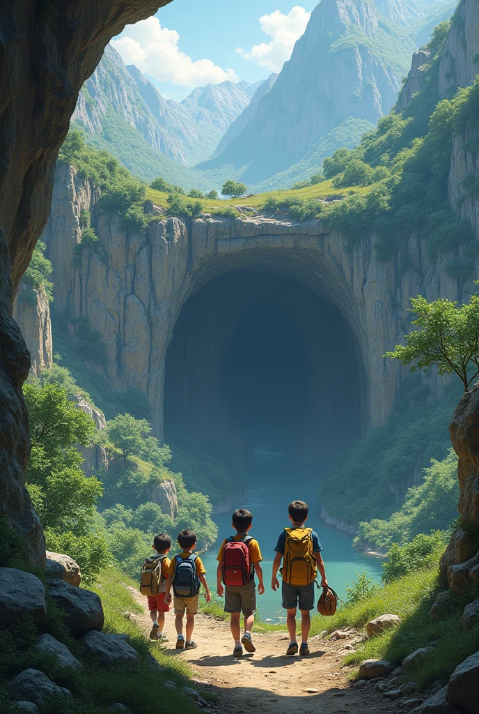 Four male children in front of a cave on the weekend, and the cave is very well known in a large mountain, and each one has a bag, and food and water go into the cave, and the cave is very majestic, even though the mountains are green, and the trees are green and water, but the cave is very dangerous and majestic, covered with dust, and in front of it are many paintings covered in dust.