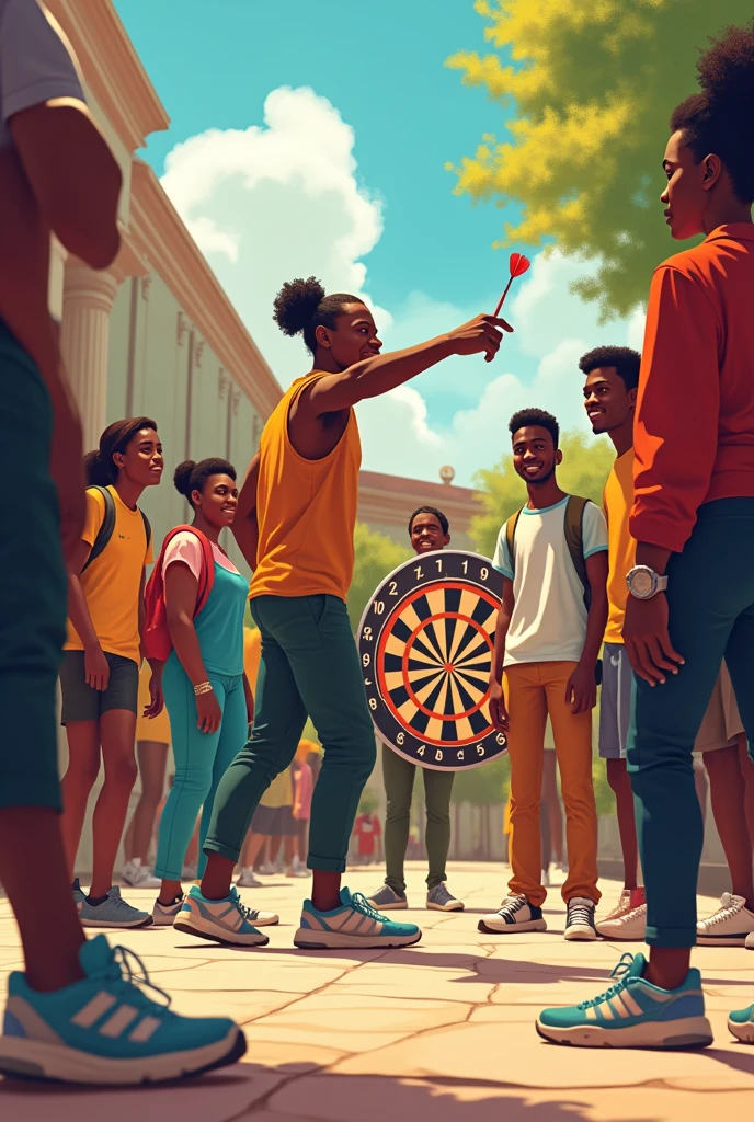 Clean african university students playing darts with one student throwing a dart on a board. Image must be art style.