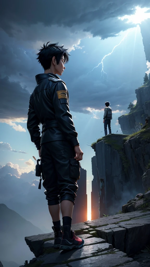 A touching anime scene where Akira and Kuro face a critical moment in the race, where everything seems lost. They are at the edge of a deep ravine with a broken bridge ahead, the other racers far ahead of them. Akira looks down, frustrated and ready to give up, but Kuro, with a determined look, communicates telepathically, encouraging Akira to trust him. The sky is dark with storm clouds, adding to the tension, but a single ray of sunlight breaks through, illuminating them, symbolizing hope and resilience