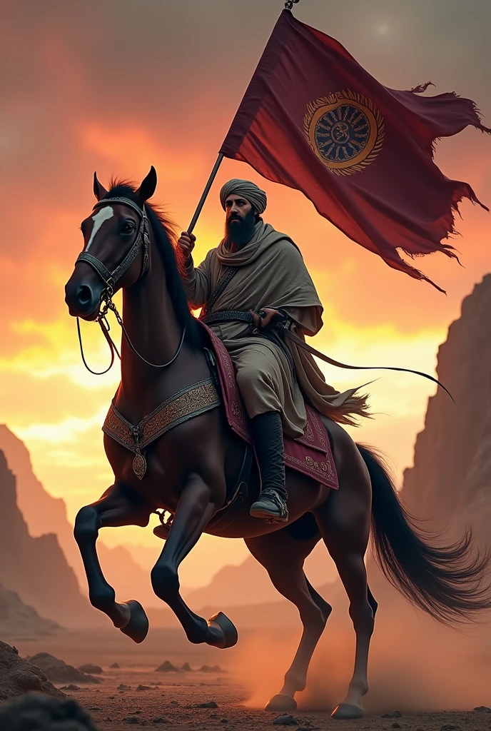 A Muslim jihadi Man sitting On horse with Kali Maa flag and short