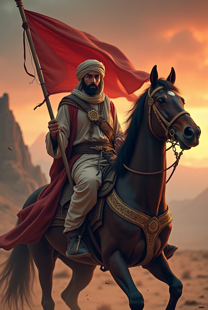 A Muslim jihadi Man sitting On horse with Kali Maa flag and short