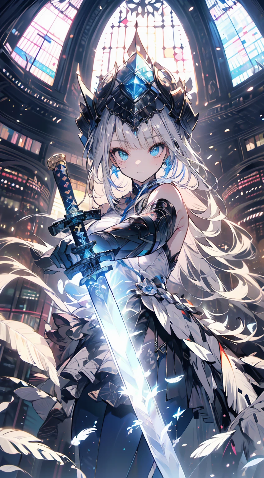 (Official Art、Highest quality、unity 8k wallpaper、32K、masterpiece、Very detailed、Ultra-high resolution、Realistic、realism、very interesting:1.2)、(Cinema Lighting:1.2)、Fire effect、Film Grain、The best shade、Edge lighting、Side light、(Very detailed且复杂的 3D 渲染)、细致Beautiful Face庞和眼睛、Sharp pupils、Realistic学生、Slender、１men and women、Medium Bust、(whole body:1.2)、 Beautiful Face、 beautiful girl、(super fine muscle、Detailed skin texture:1.3)、(Silver Blonde、Blue-silver hair:1.3)、Paladin、Long Hair、Blunt bangs、Green Eyes、3 braids 1 bundle、(Blue Armor、Blue Boots、Blue Helmet、Decorated with jewels、Gold embroidery)、Slender、Long skirt、(Thighs Thighs Thighs Thighs:0.8)、(Chis、Inside the house、Art stained glass、Large Pipe Organ、Hello、mystery、a lot of feathers floating、Angelic、Particles of light、Severe、The sun、colorful、wonderful:1.2)、(wonderful:1.3)、(With the holy sword in hand:1.4)、wonderful、Laugh and laugh