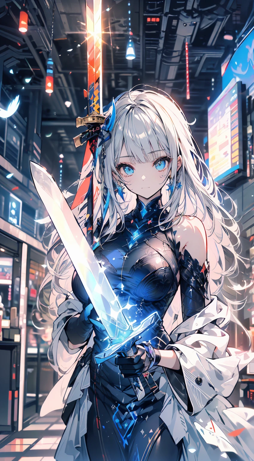 (Official Art、Highest quality、unity 8k wallpaper、32K、masterpiece、Very detailed、Ultra-high resolution、Realistic、realism、very interesting:1.2)、(Cinema Lighting:1.2)、Fire effect、Film Grain、The best shade、Edge lighting、Side light、(Very detailed且复杂的 3D 渲染)、细致Beautiful Face庞和眼睛、Sharp pupils、Realistic学生、Slender、１men and women、Medium Bust、(whole body:1.2)、 Beautiful Face、 beautiful girl、(super fine muscle、Detailed skin texture:1.3)、(Silver Blonde、Blue-silver hair:1.3)、Paladin、Long Hair、Blunt bangs、Green Eyes、3 braids 1 bundle、(Blue Armor、Blue Boots、Blue Helmet、Decorated with jewels、Gold embroidery)、Slender、Long skirt、(Thighs Thighs Thighs Thighs:0.8)、(Chis、Inside the house、Art stained glass、Large Pipe Organ、Hello、mystery、a lot of feathers floating、Angelic、Particles of light、Severe、The sun、colorful、wonderful:1.2)、(wonderful:1.3)、(With the holy sword in hand:1.4)、wonderful、Laugh and laugh