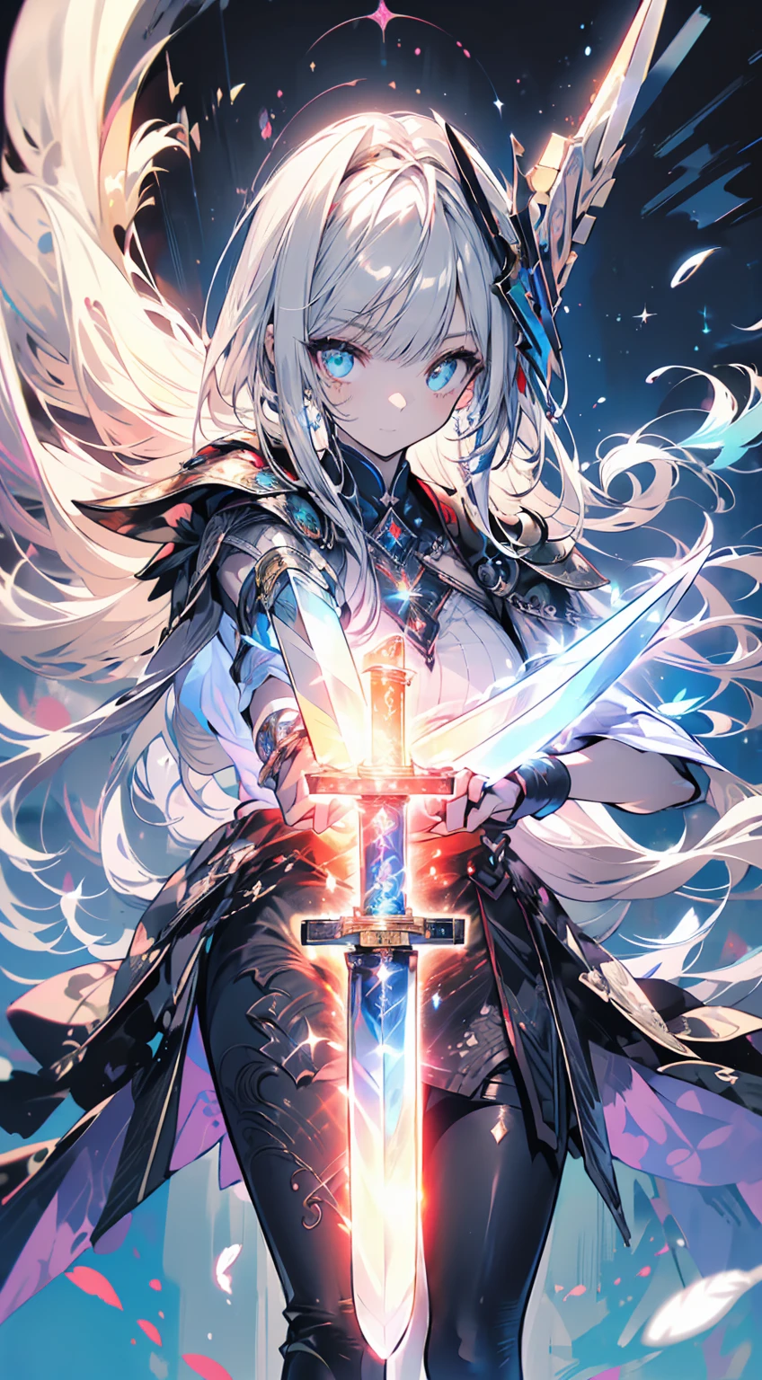 (Official Art、Highest quality、unity 8k wallpaper、32K、masterpiece、Very detailed、Ultra-high resolution、Realistic、realism、very interesting:1.2)、(Cinema Lighting:1.2)、Fire effect、Film Grain、The best shade、Edge lighting、Side light、(Very detailed且复杂的 3D 渲染)、细致Beautiful Face庞和眼睛、Sharp pupils、Realistic学生、Slender、1men and women、Medium Bust、(whole body:1.2)、 Beautiful Face、 beautiful girl、(super fine muscle、Detailed skin texture:1.3)、(Silver Blonde、Blue-silver hair:1.3)、Paladin、Long Hair、Blunt bangs、Green Eyes、3 braids 1 bundle、(Blue Armor、Blue Boots、Blue Helmet、Decorated with jewels、Gold embroidery)、Slender、Long skirt、(Thighs Thighs Thighs Thighs:0.8)、(Chis、Inside the house、Art stained glass、Large Pipe Organ、Hello、mystery、a lot of feathers floating、Angelic、Particles of light、Severe、The sun、colorful、wonderful:1.2)、(wonderful:1.3)、(With the holy sword in hand:1.4)、wonderful、Laugh and laugh