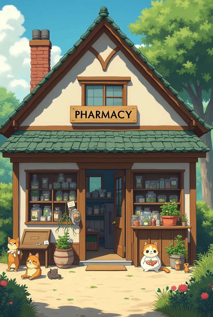 ghibli pharmacy with a pharmacy sign in english in a rural area peaceful vibes with people chilling and many cats outside
with children playing customers like farmers grandmas children moms and bakers buying