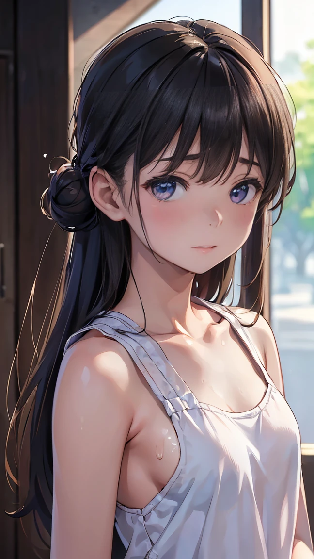 masterpiece, best quality, extremely detailed, (realistic, photo realistic:1.2), high resolution, RAW photo, 8k, Asian girl, 18yo, side bun,slender、Mid-chest、(embarrassed,blush:1.3), ,(steam:0.8),(wet:0.8),(sweat:0.8),(trembling:1.3) ,(parted lips:1.3),(harf open eyes:1.4),(feeling weak:1.5)