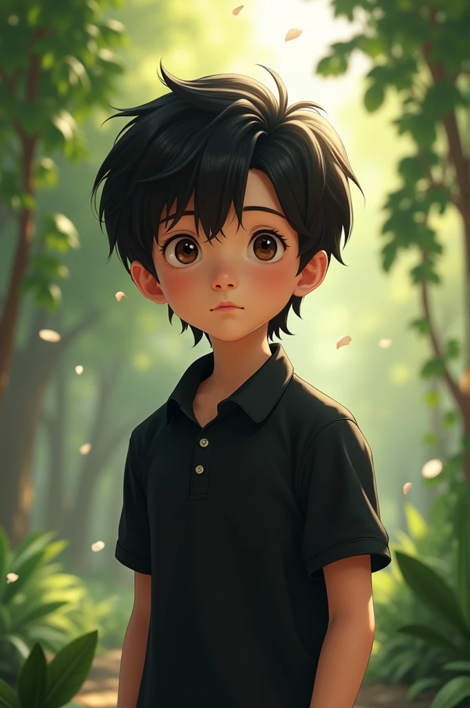 Boy with medium black hair and black polo shirt