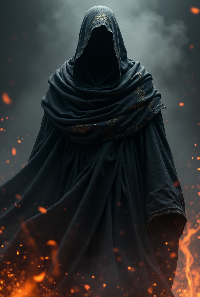 Create an image of a mysterious figure cloaked in dark, flowing robes. The figure’s head is obscured by a swirling black cloth, adding to the enigmatic aura. Bright orange sparks and embers rise around the figure, suggesting an aura of power or mysticism. The background is dark, emphasizing the figure as the central element. Include intricate details on the robes and dynamic motion in the cloth to convey a sense of enigmatic energy and power.