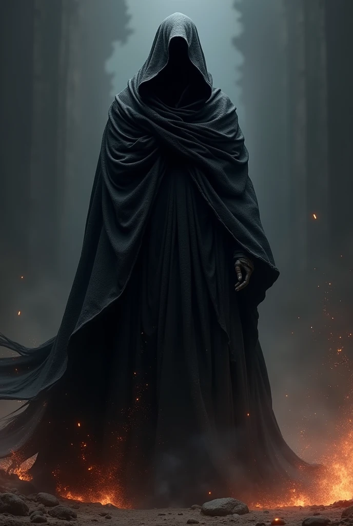Create an image of a mysterious figure cloaked in dark, flowing robes. The figure’s head is obscured by a swirling black cloth, adding to the enigmatic aura. Bright orange sparks and embers rise around the figure, suggesting an aura of power or mysticism. The background is dark, emphasizing the figure as the central element. Include intricate details on the robes and dynamic motion in the cloth to convey a sense of enigmatic energy and power.